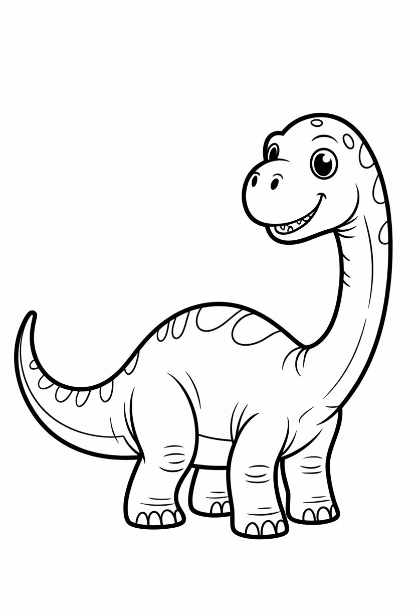 Cute Dinosaur Coloring Pages for Kids: 20 Fun and Easy Designs 28 A smiling Brontosaurus dinosaur standing on all fours.